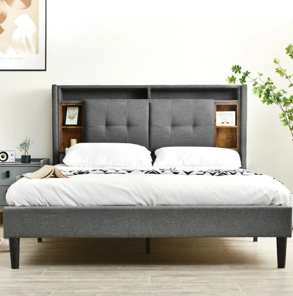 Letto imbottito 140x200 cm grigio con LED, USB, presa e materasso