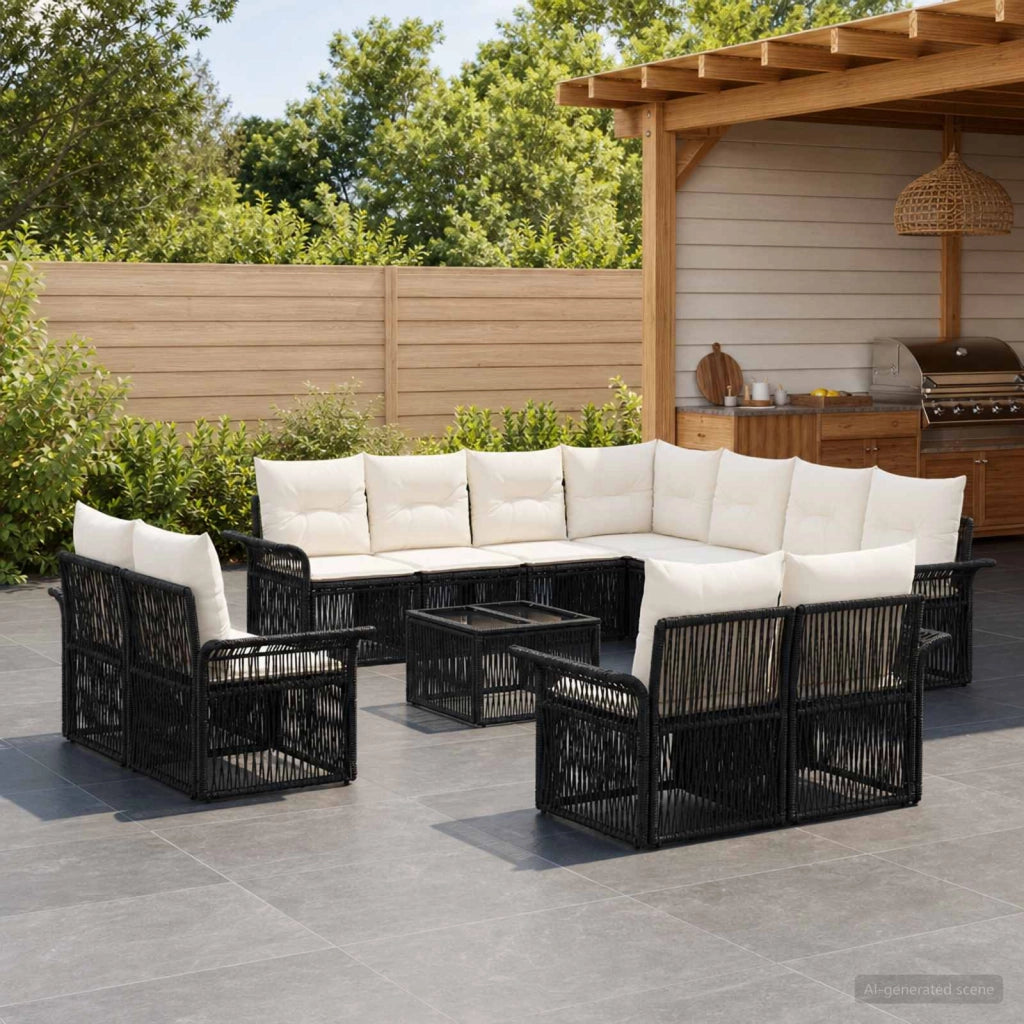 Set Divano da Giardino 12 pz Nero e Bianco Crema polyrattan 3435001