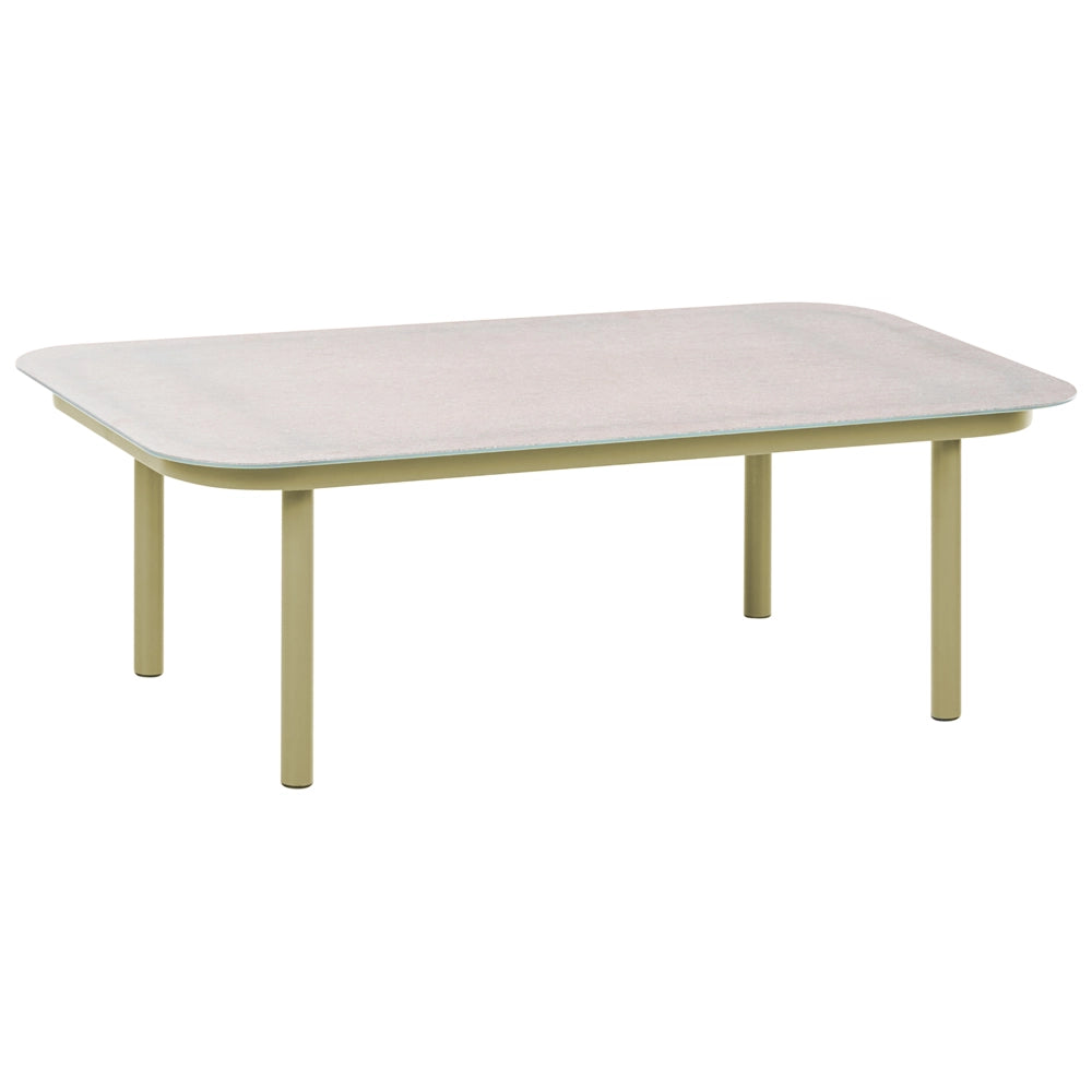 Divano da esterno con tavolino da 4 posti struttura in alluminio,piano ovale in metallo cuscini verde e beige chiaro