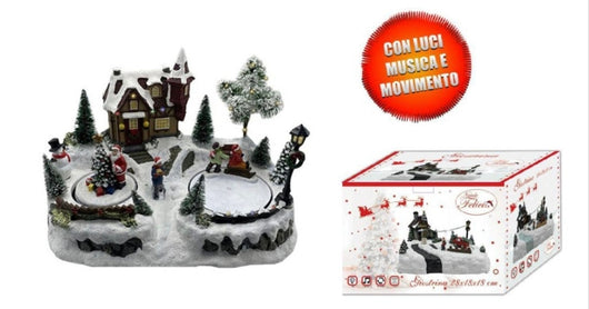 Villaggio Giostra Giostrina Casa Babbo Natale con Luce Musica e movimento a batteria 31,5x23x20cm