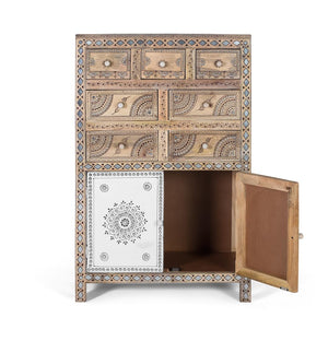 Credenza alta in legno di mango e MDF e dettagli dipinti a mano