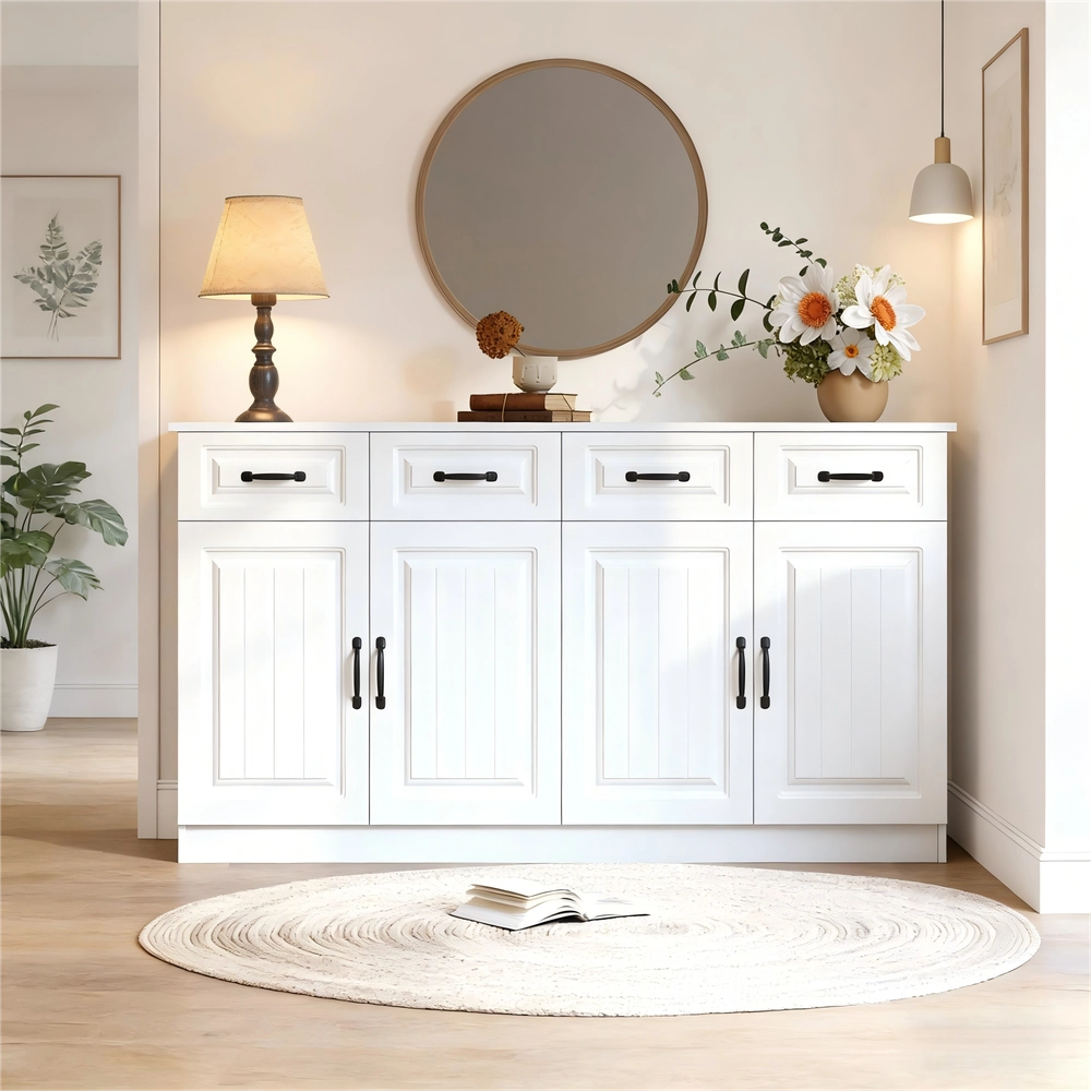 Credenza Bianca con Cassetti e Ante in MDF ¨C MINIMAL ¨C 160 cm, Design Moderno per Soggiorno