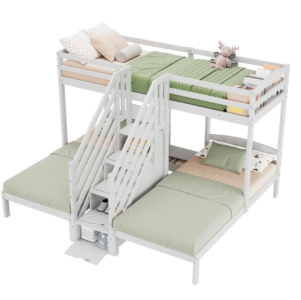Letto a castello triplo 90x200 cm in pino con scala contenitiva e sponde, bianco