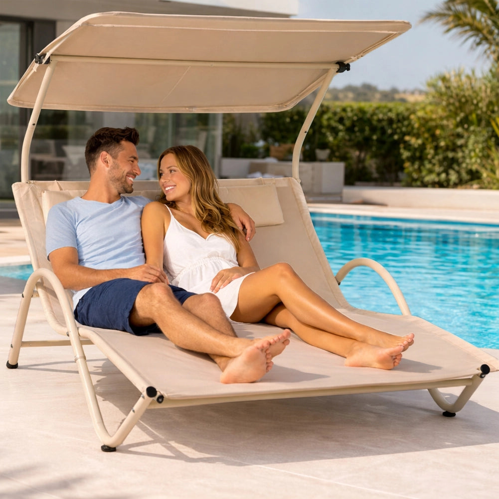 Lettino Lounge 2 Posti da Esterno Sabbia Tetto Parasole Anti UV Giardino Patio