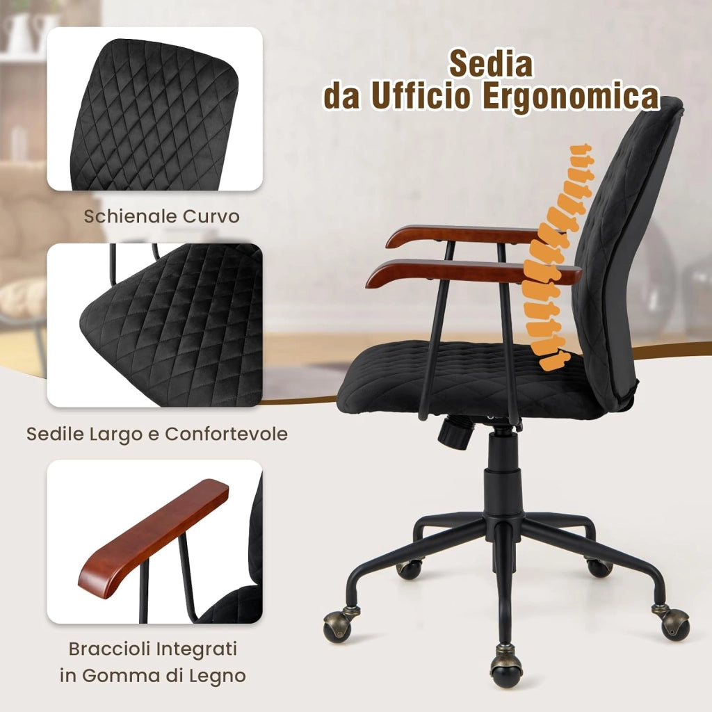 Sedia Girevole in Velluto, Sedia da Ufficio con Altezza Regolabile e Schienale, con Braccioli in Gomma e Ruote in Rame, Carico Massimo 150 kg (Nero)