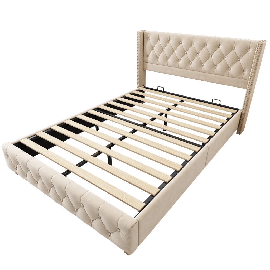 Letto Matrimoniale 160×200 cm; Letto Imbottito in Velluto con Testiera Trapuntata e Borchie; senza Materasso; Beige Chiaro