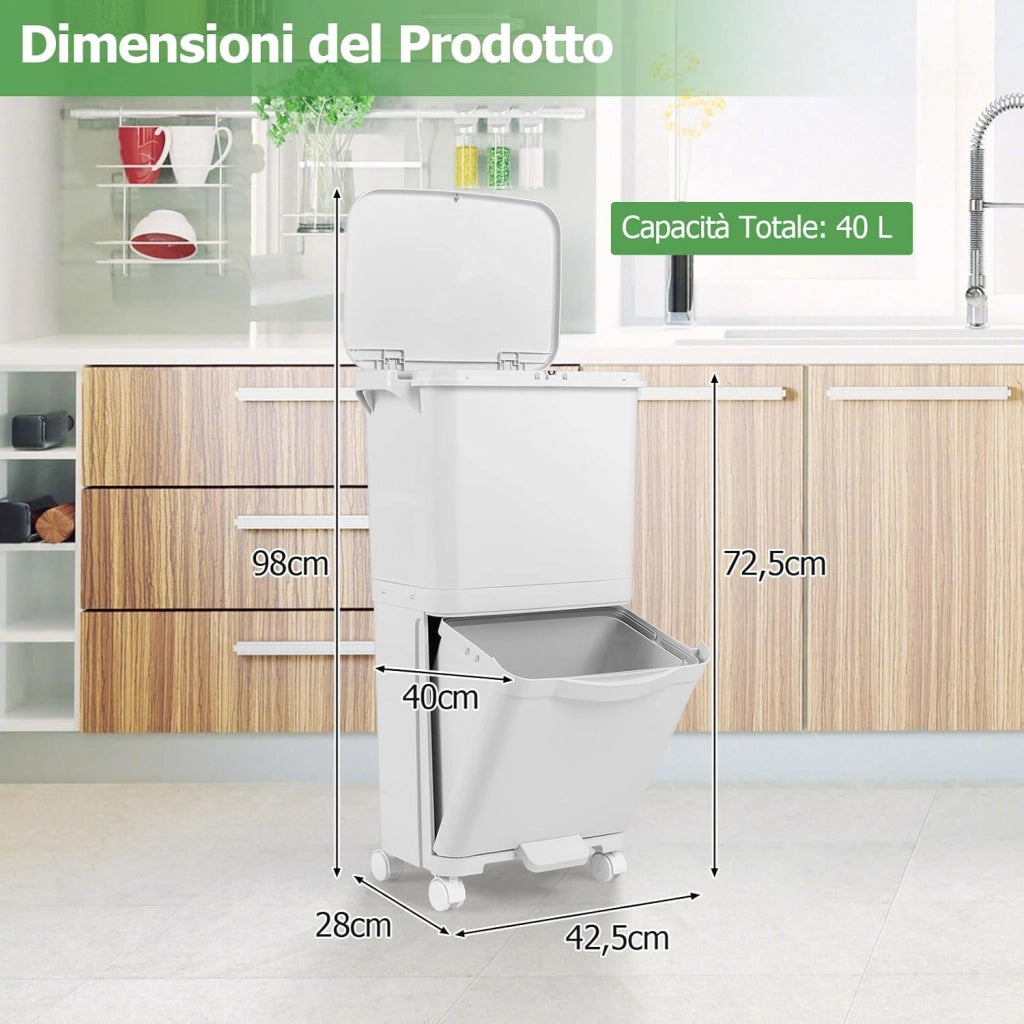 40L Pattumiera a 2 Livelli, Bidone per Spazzatura con Cestino Inclinato, 4 Ruote e Adesivi, Pattumiera in Plastica a Pedale per Cucina Sala da Pranzo Soggiorno