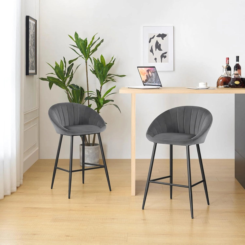 Set di 2 Sgabelli Bar Oversize 54x36 cm, Sgabelli Cucina Moderni, Sedie da Bar con Schienale e Poggiapiedi, per Bistrot Caffetteria, in Velluto e Metallo, Verde Scuro
