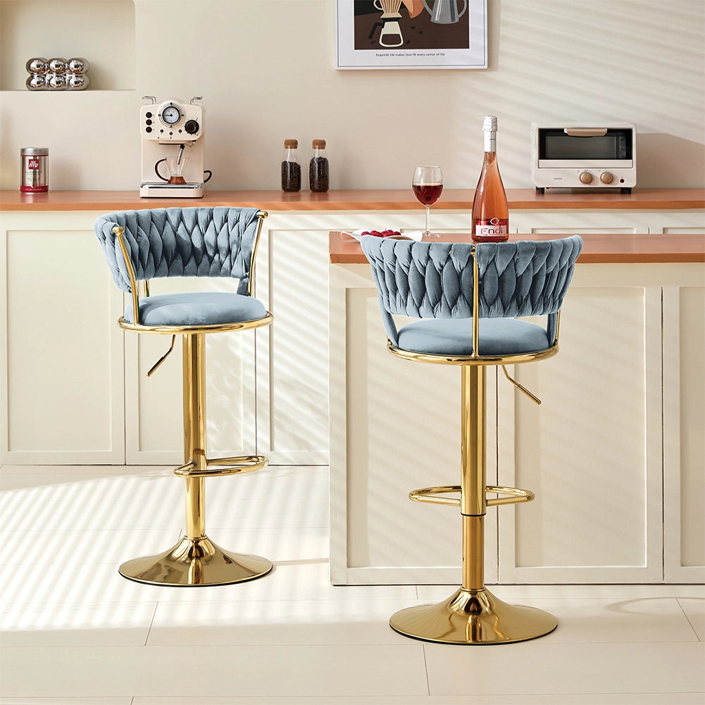 Set 2 Sgabelli Cucina Bar Schienale Intrecciato in Velluto Grigio Struttura Oro