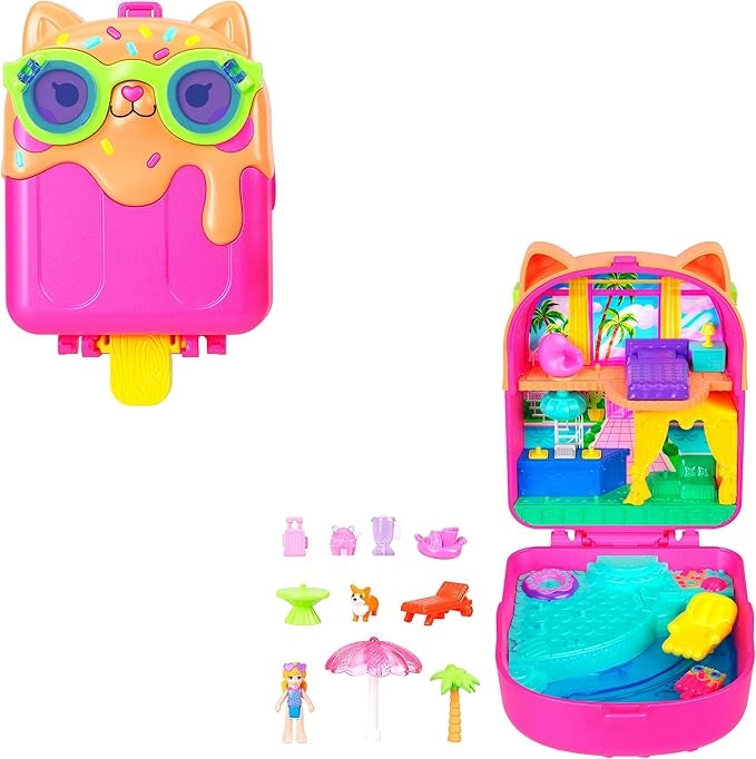 Polly Pocket - Cofanetto Resort Gattino Ghiacciolino, set portatile con una microbambola, un amico cucciolo e 11 accesso