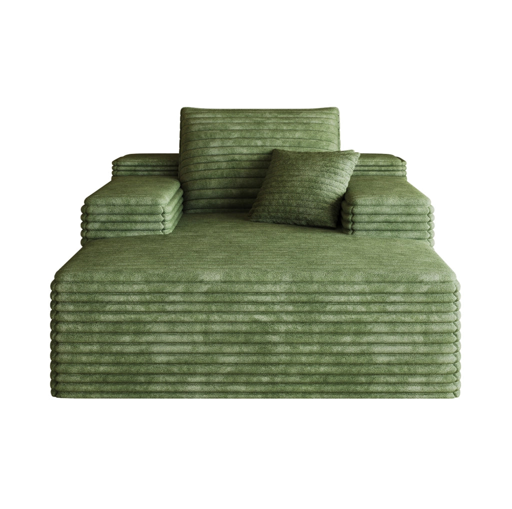 Divano modulare in tessuto corduroy verde, seduta profonda e comfort elevato