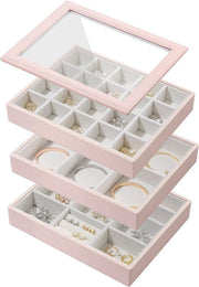 Set di 3 Scatoloni per Organizzare Gioielli con Coperchio in Vetro - Organizzatore per Armadio, Comodino o Cassetto per Donne - Display Multistrato per Orecchini, Collane, Anelli e Bracciali - Rosa
