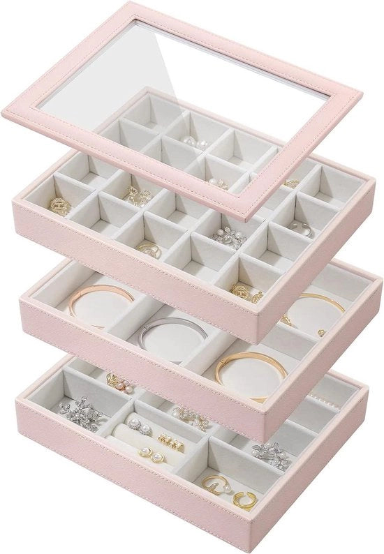 Set di 3 Scatoloni per Organizzare Gioielli con Coperchio in Vetro - Organizzatore per Armadio, Comodino o Cassetto per Donne - Display Multistrato per Orecchini, Collane, Anelli e Bracciali - Rosa