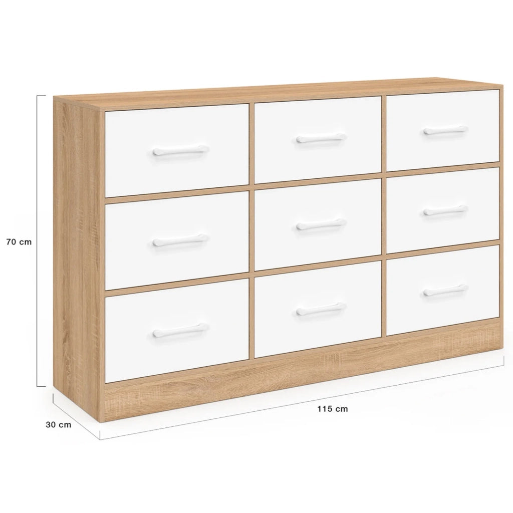 IDMarket - Cassettiera in tessuto a 9 cassetti UPPAH 113 cm in faggio e bianco
