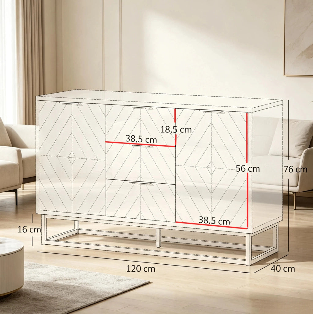 Credenza con 2 ante; 3 cassetti e ripiani regolabili 120x40x76 cm MDF bianco e oro