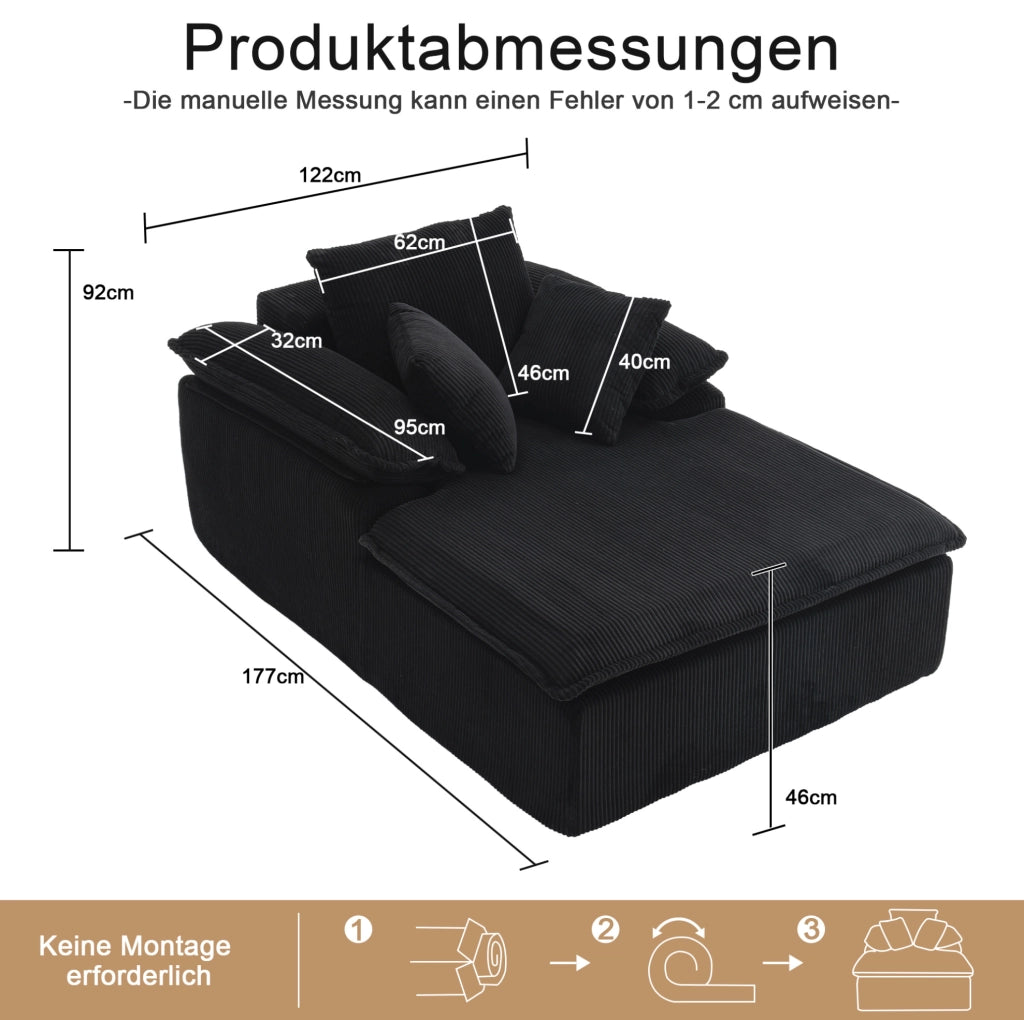 Divano lounge senza telaio in velluto a coste nero 177 cm