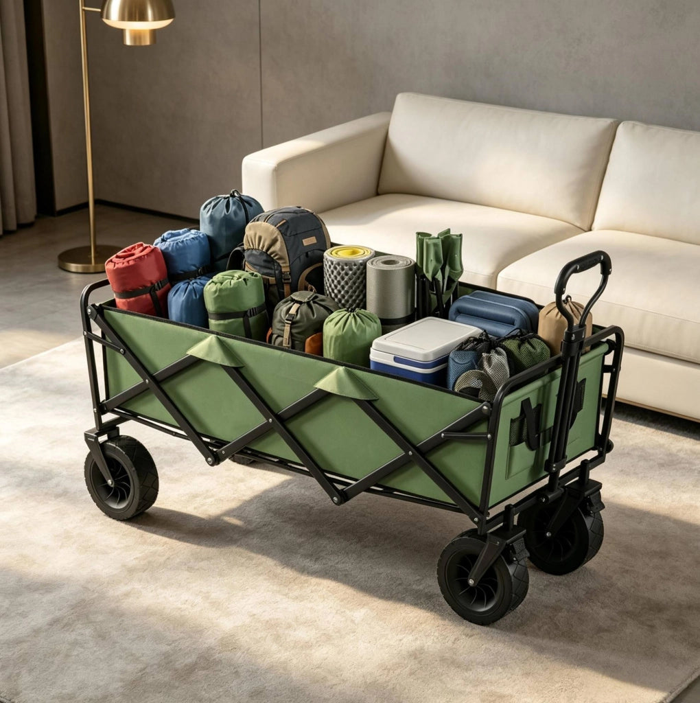 Carrello da giardino pieghevole verde con freni e manico regolabile