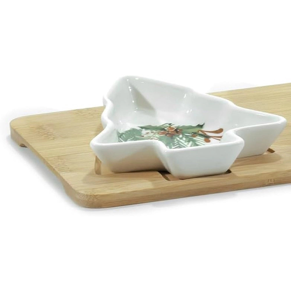 Trade Shop - Antipastiera Elegante 3 Posti Con Ciotole In Ceramica Forma Albero Natale Base In Bambù -