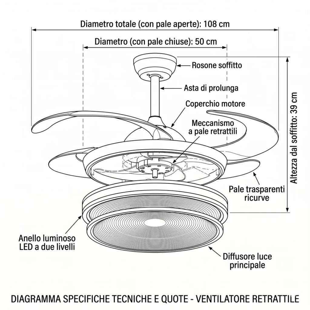 Plafoniera Ventilatore da Soffitto 108cm Pale a Scomparsa, Luce LED Dimmerabile, Telecomando e Motore Silenzioso, Bianco