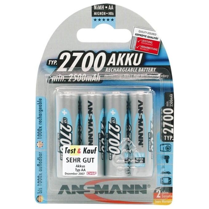 Ansmann Blister 4 X Accu, AA, 2700mAh AA / HR6 Nichel-Metallo Idruro (NiMH)