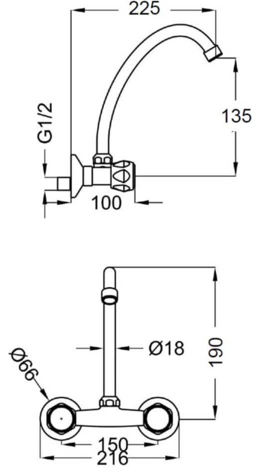 Rubinetto cucina lavanderia a muro con canna girevole, in ottone canna alta