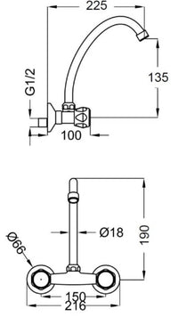 Rubinetto cucina lavanderia a muro con canna girevole, in ottone canna alta