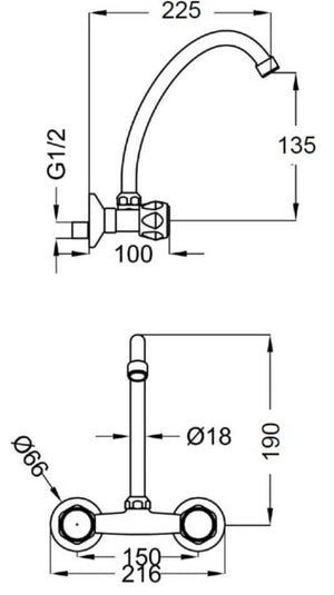 Rubinetto cucina lavanderia a muro con canna girevole, in ottone canna alta