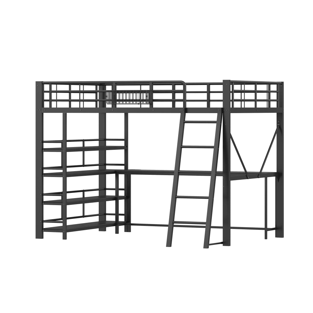 Letto a soppalco 140 × 200 cm 2 posti con scrivania, mensole, USB e LED regolabile, senza materasso, nero