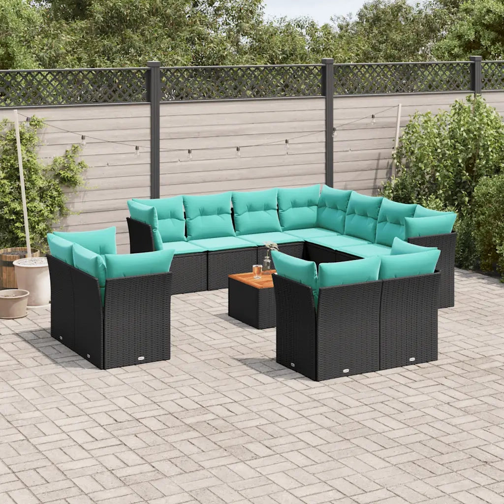 Set Divani da Giardino 12pz con Cuscini Nero in Polyrattan