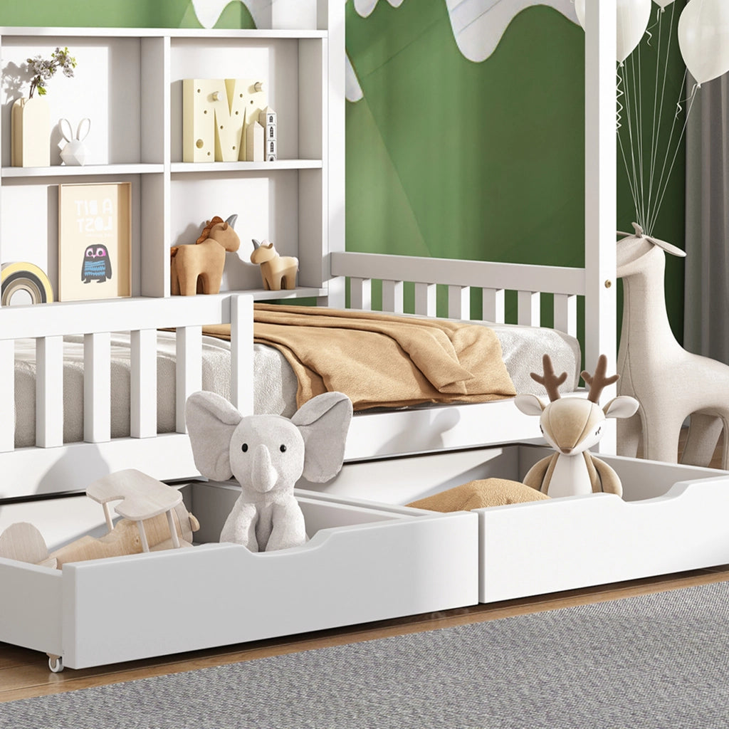Letto a casa per bambini bianco con funzione di stoccaggio in legno massello di pino 90x200 cm