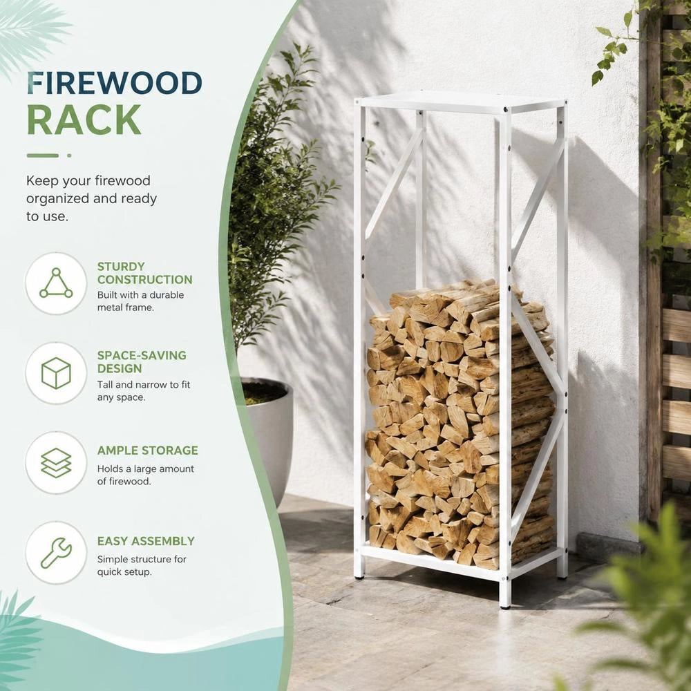 Porta legna bianco, 34x25x100 cm, in acciaio laminato a freddo – robusto e resistente, ideale per esterni, giardino e camino, pratico e durevole