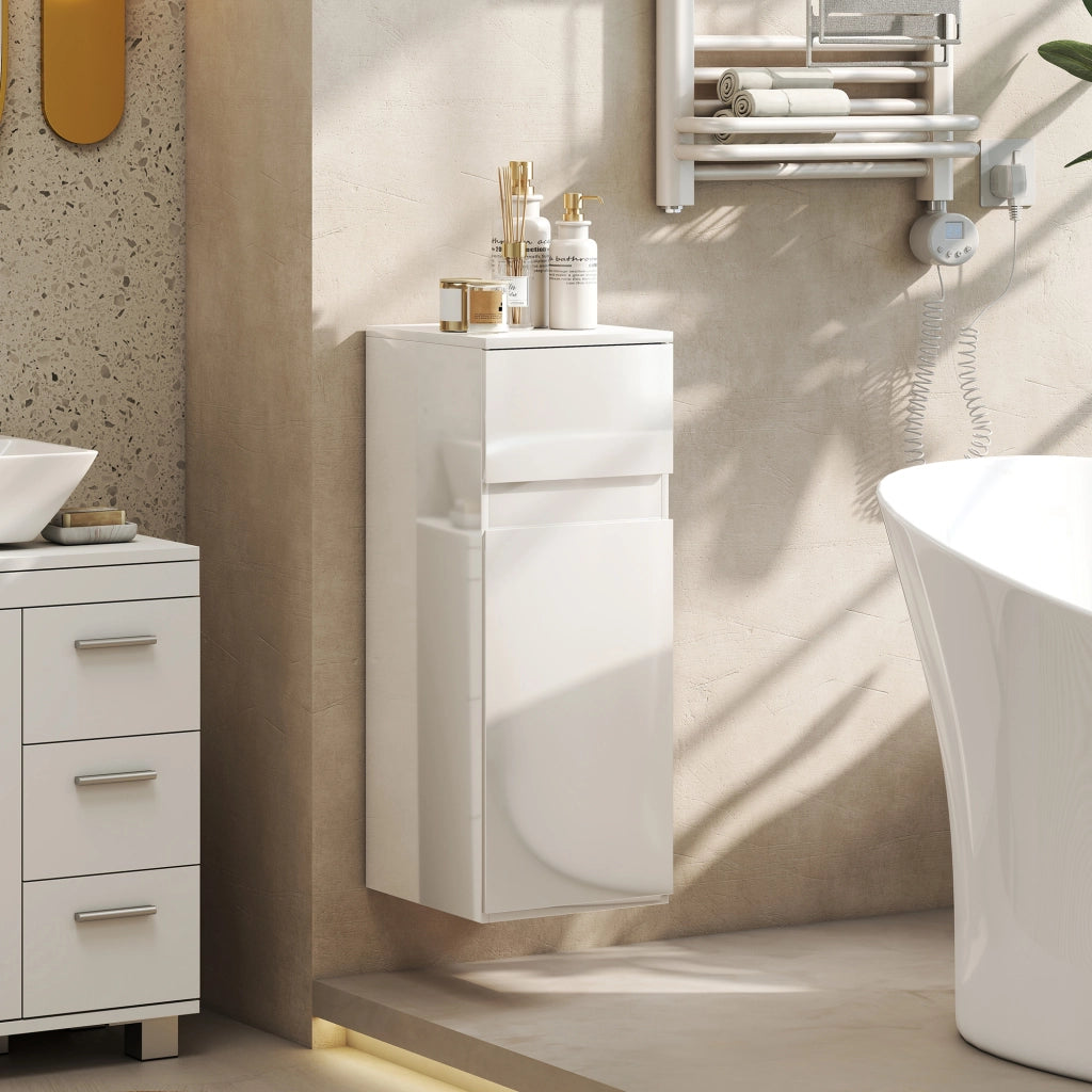 Mobiletto Bagno Sospeso con Cassetto, Anta Lucida e Ripiano in Vetro Regolabile, Bianco