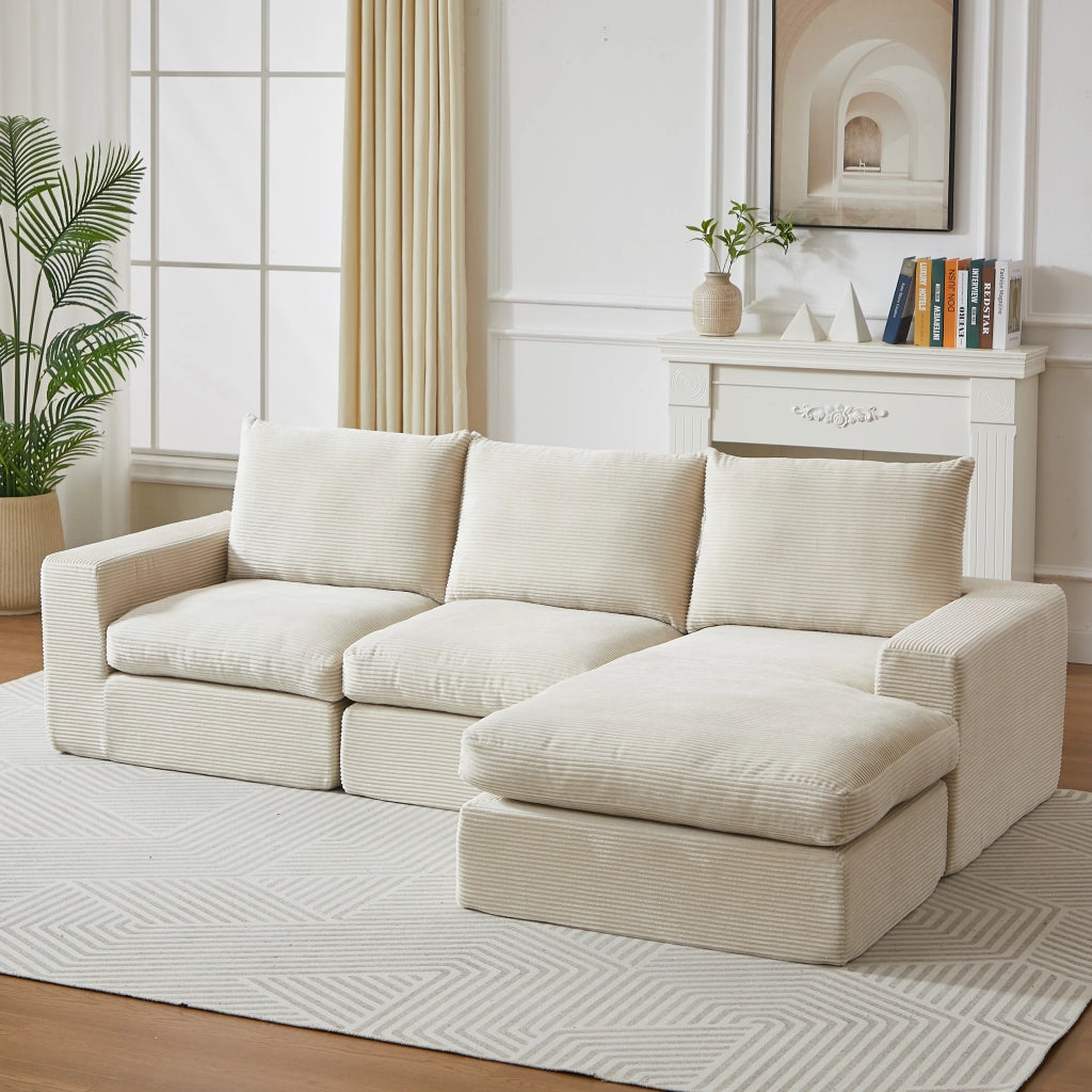 Divano Angolare con Chaise Longue in Tessuto a Coste e Cuscini ¨C MINIMAL ¨C Grigio