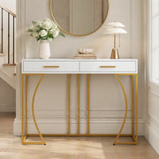 Tavolo consolle bianco e oro con 2 cassetti, metallo e piano in MDF, 110x32x85 cm