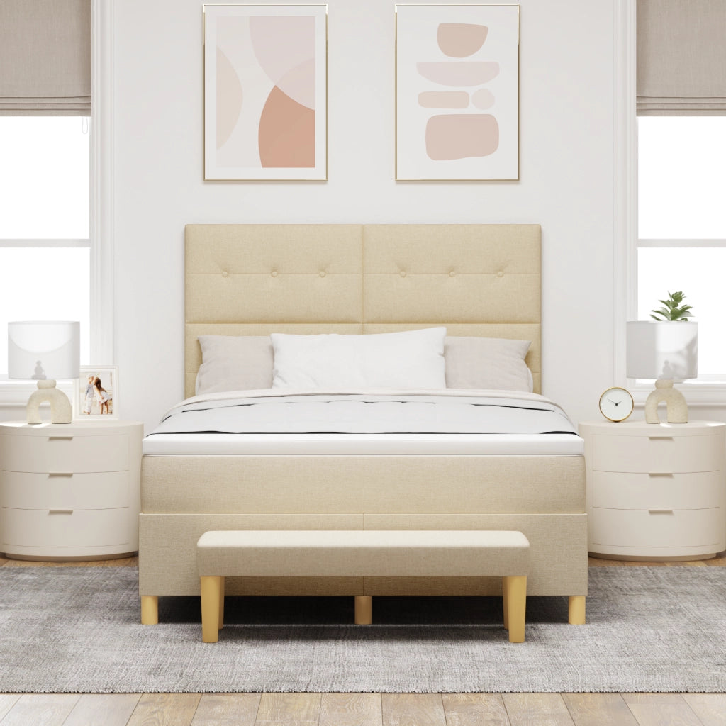 Letto Box Spring  con Materasso e Panchina Crema 140x190 cm Tessuto