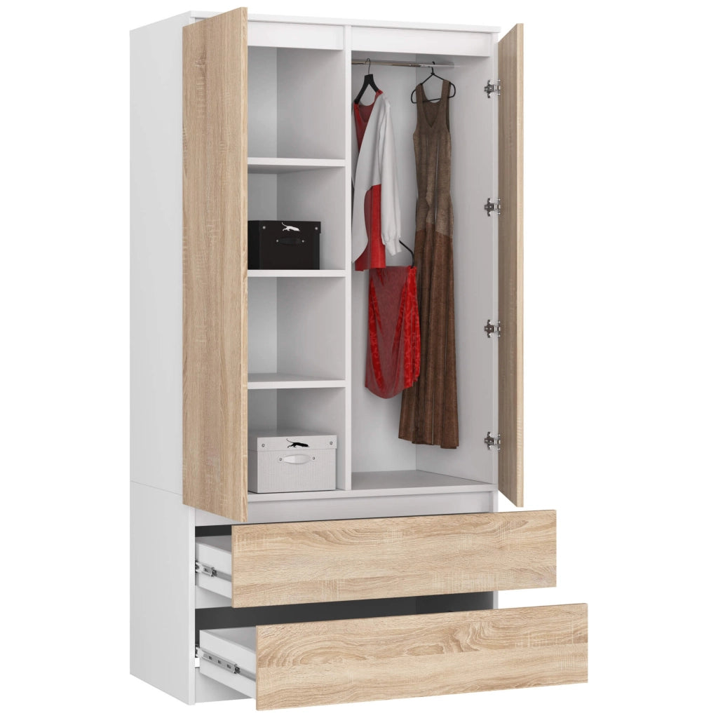 Armadio AKORD S90 Bianca 90 cm 2 ante 2 cassetti inserto frontale Sonoma Quercia 90x51x180 cm