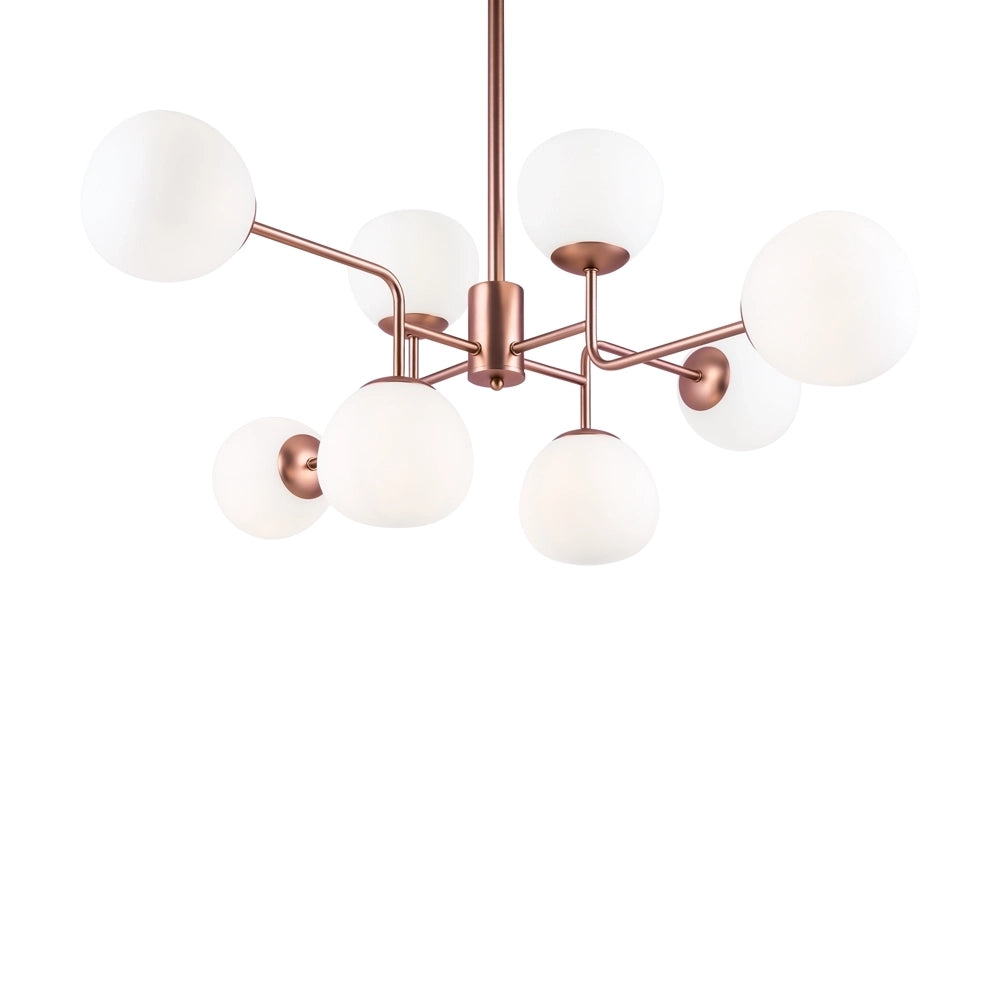 Lampadario Sospensione Erich In Metallo Oro Rosa 8 Luci E Diffusori Bianchi