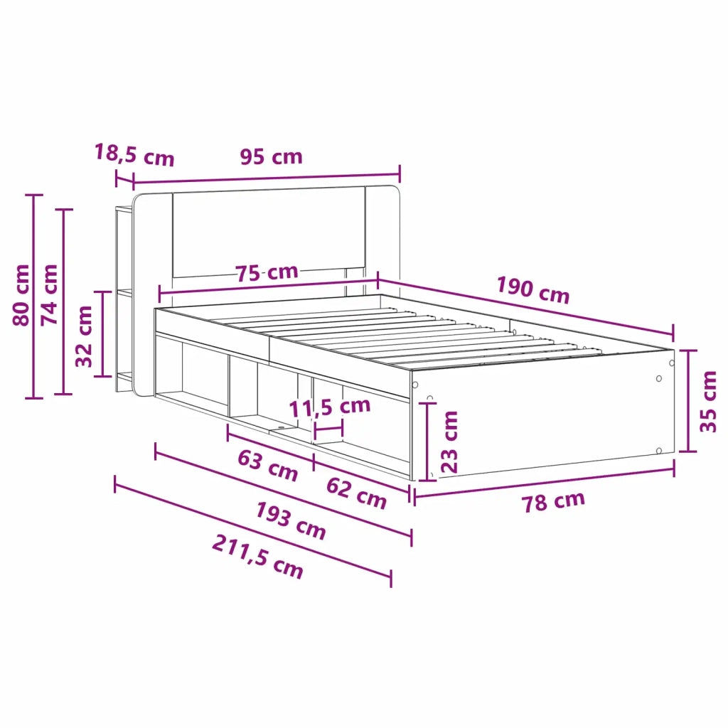 Telaio del letto con storage Rovere Sonoma 75 x 190 cm
