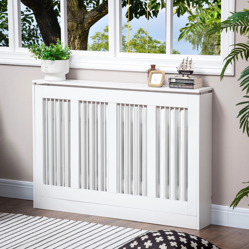 Copritermosifone a Doghe Moderno ed Elegante per la Casa, in MDF e Acciaio, 120x18x84cm, Bianco