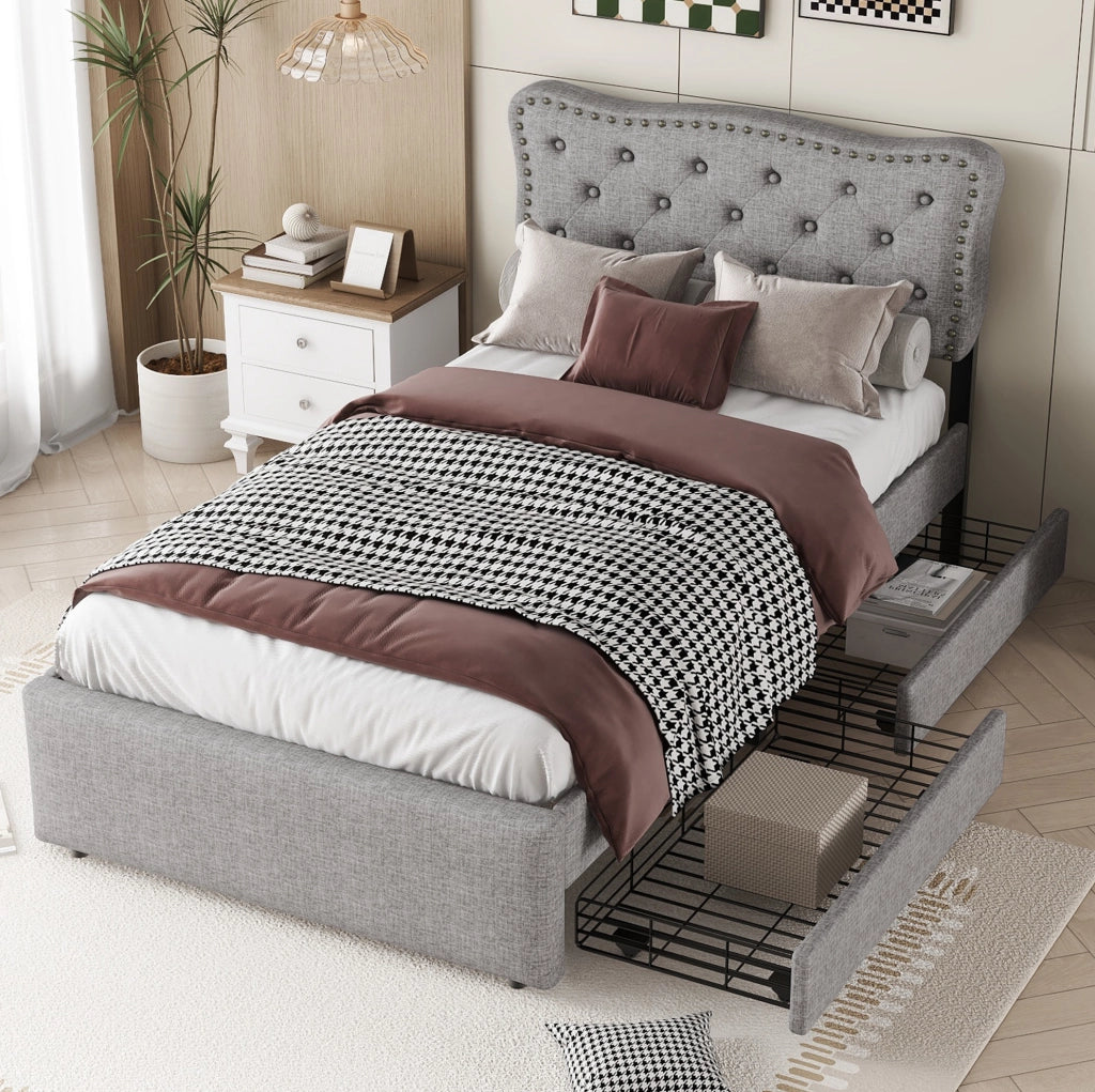 LETTO imbottito 90x200 cm con 2 cassetti in MDF e lino grigio