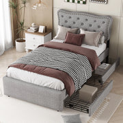 LETTO imbottito 90x200 cm con 2 cassetti in MDF e lino grigio