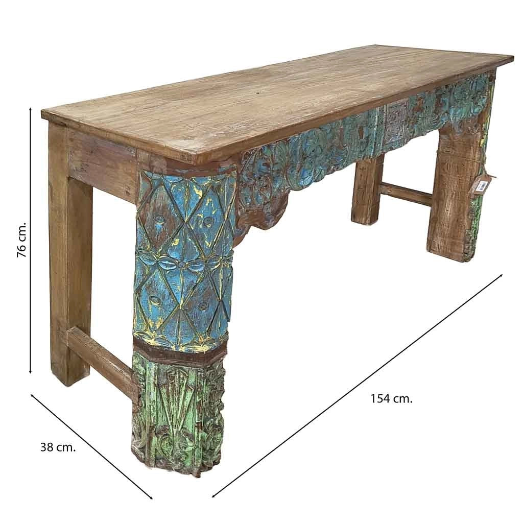 Consolle in legno con finitura artigianale marrone, 154x38x76h cm