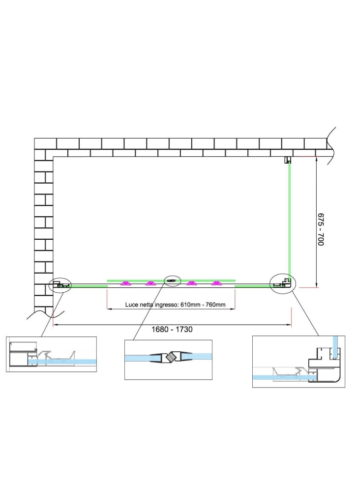 Box doccia 6 mm H 190 parete fissa e porta a 4 ante con apertura centrale MISURA 67,5-70 ANTA FISSA + PORTA 168-173