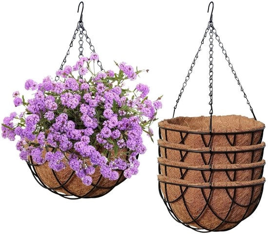 Hangmand a 4 elementi, con conchiglia di cocco, con catena, Sospensioni per piante in metallo, Sospensione per piante da interni ed esterni, Fiori, Giardino da balcone (20 cm di diametro)