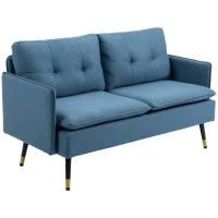 Divano 2 Posti in Tessuto con Cuscini Imbottiti e Gambe in Acciaio 139x68x80cm, Blu Scuro