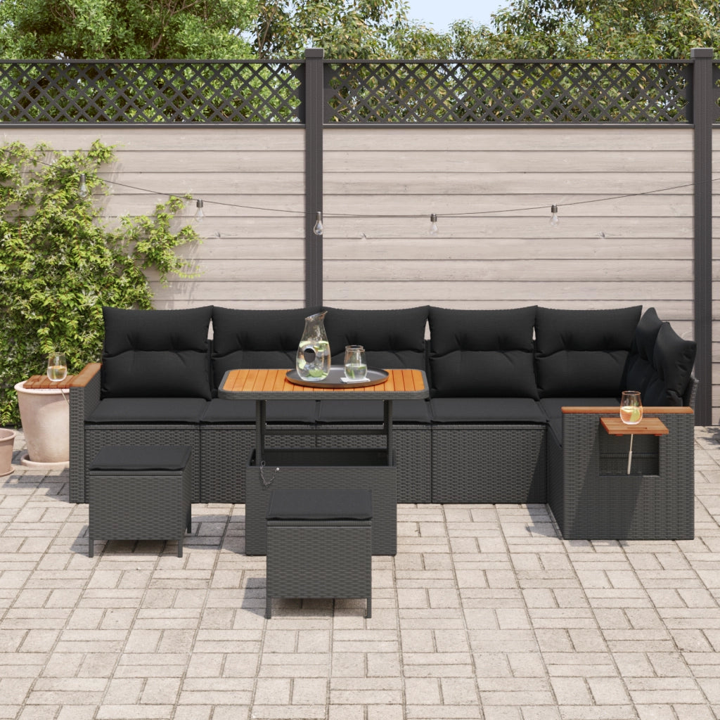 Set Divano da Giardino  9 Pezzi con Cuscini Polyrattan Nero Acacia