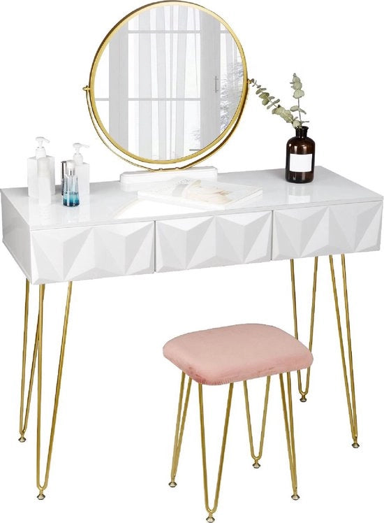 Tavolo per il trucco - Tavolo per il trucco Set con specchio - Specchio per il trucco rotativo 360° - 3 ripiani - Sedia in velluto - Bianco/Grigio