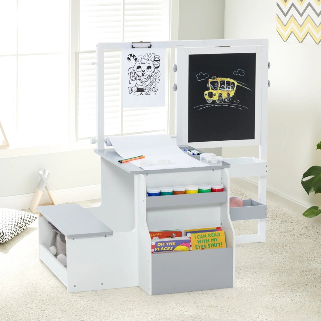 Set tavolo e panca per bambini con cavalletto regolabile a doppia faccia, Centro artistico in legno 114x81x100cm Grigio chiaro-Tavoli e sedie