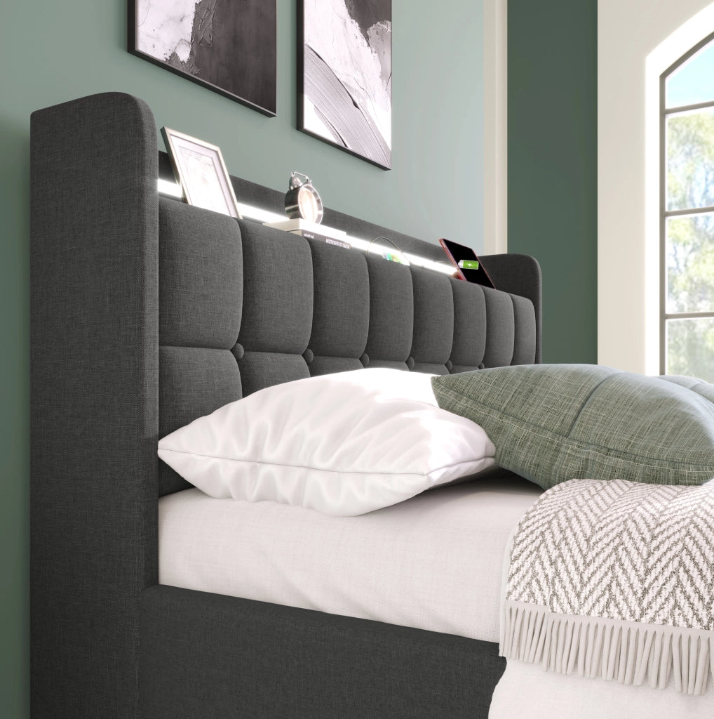 Letto singolo imbottito 90x200 cm con USB, luci LED e 2 cassetti