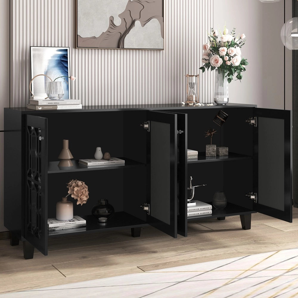 Buffet nero con specchio e maniglie in cristallo - Xylo - Quattro porte con laminato mobile